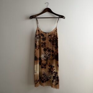 Banana Republic Silk Slip Dress S Brown Leopard Floral Lace Trim Bias Cut